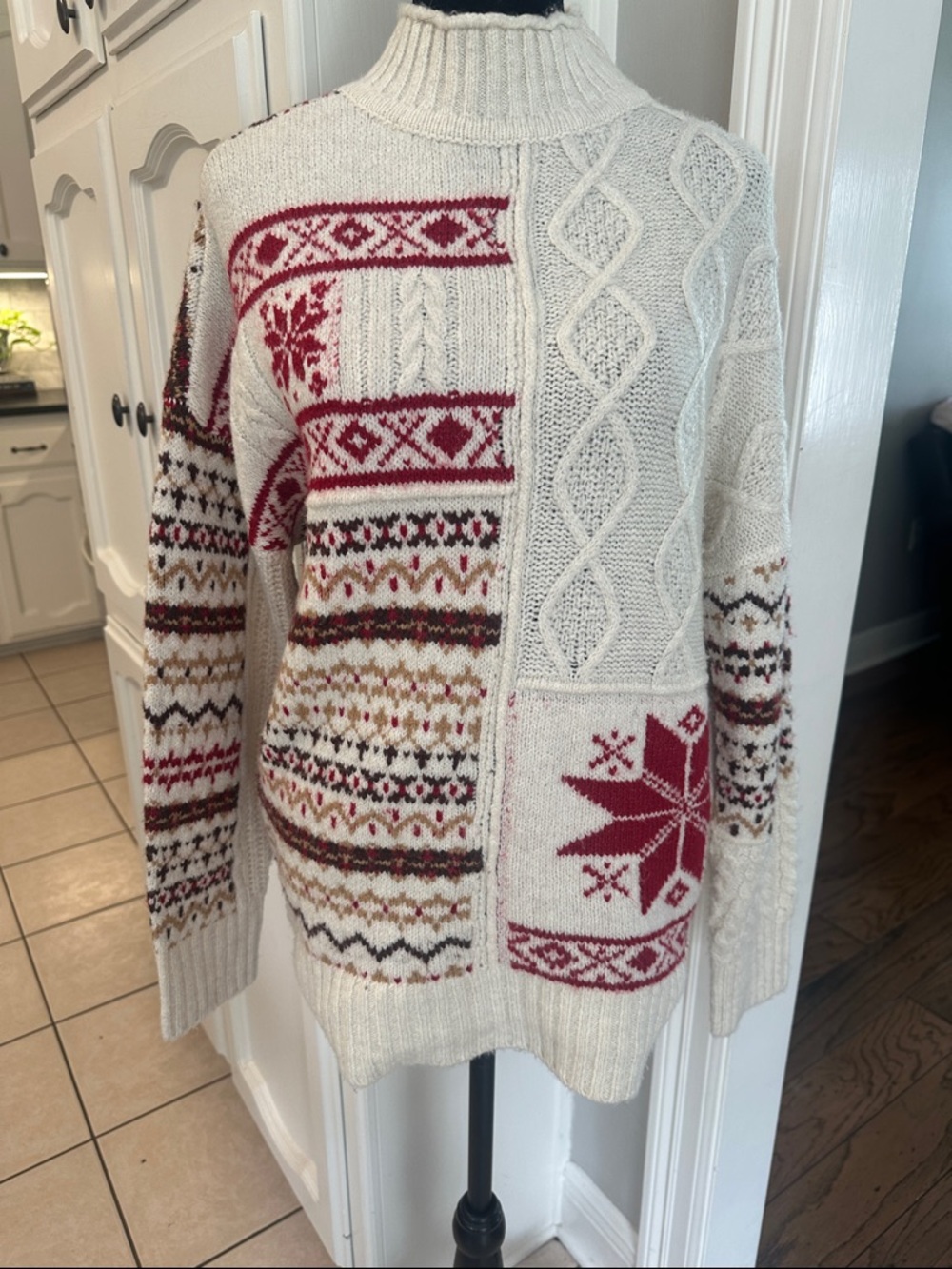 AE Outfitters Cream Fair Isle Knit Mockneck Sweater with Red Accent